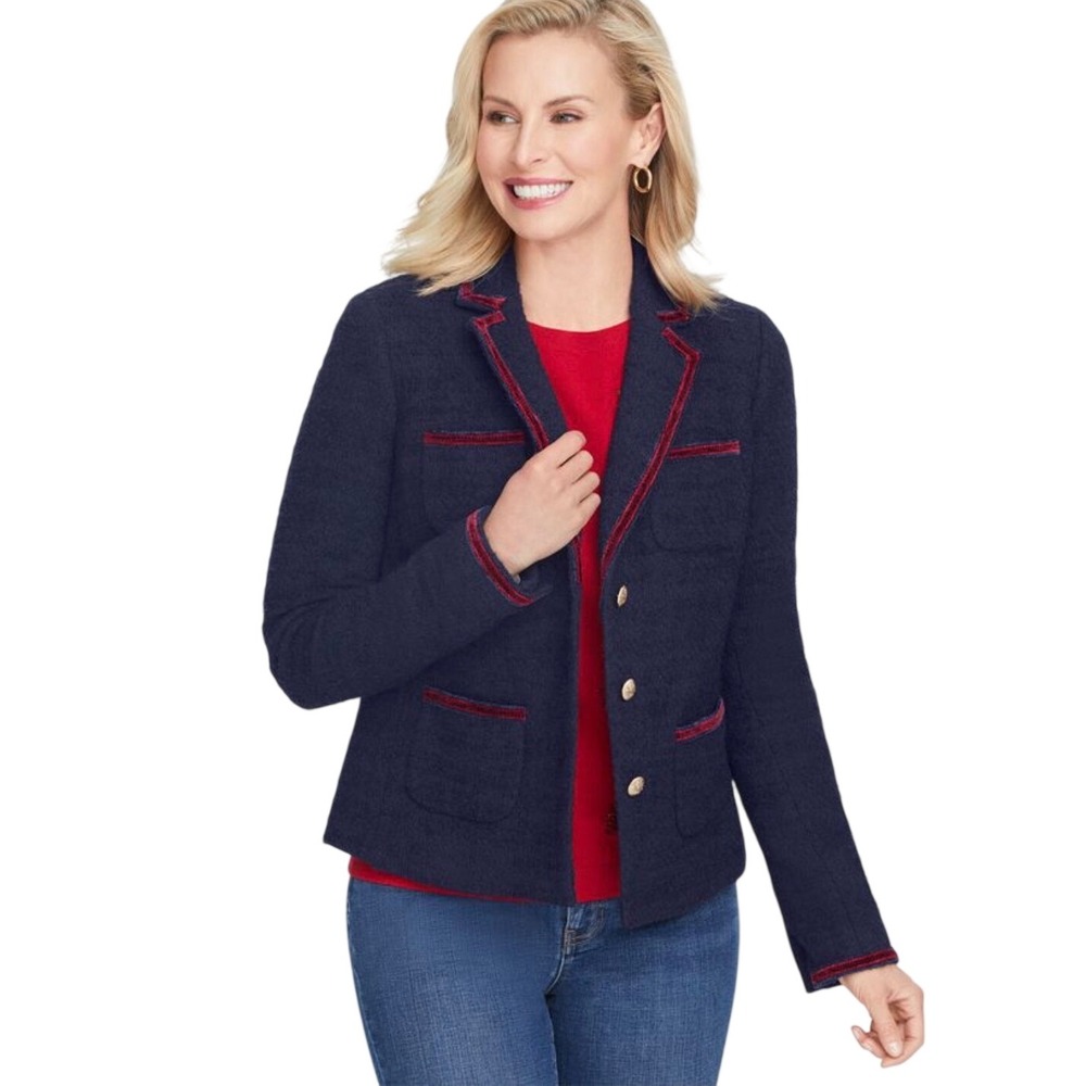 Talbots Piped Tweed Jacket Women's 14W Wool Blend Blue Old Money NWT $175